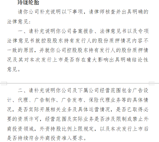 玲珑轮胎A+H收到证监会反馈意见：需说明各材料中控股股东股份质押情况不一致的原因